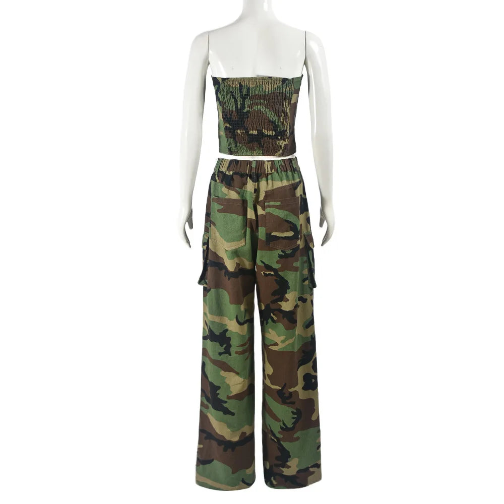 Camouflage  Strapless Crop Top Two Piece Pants Set