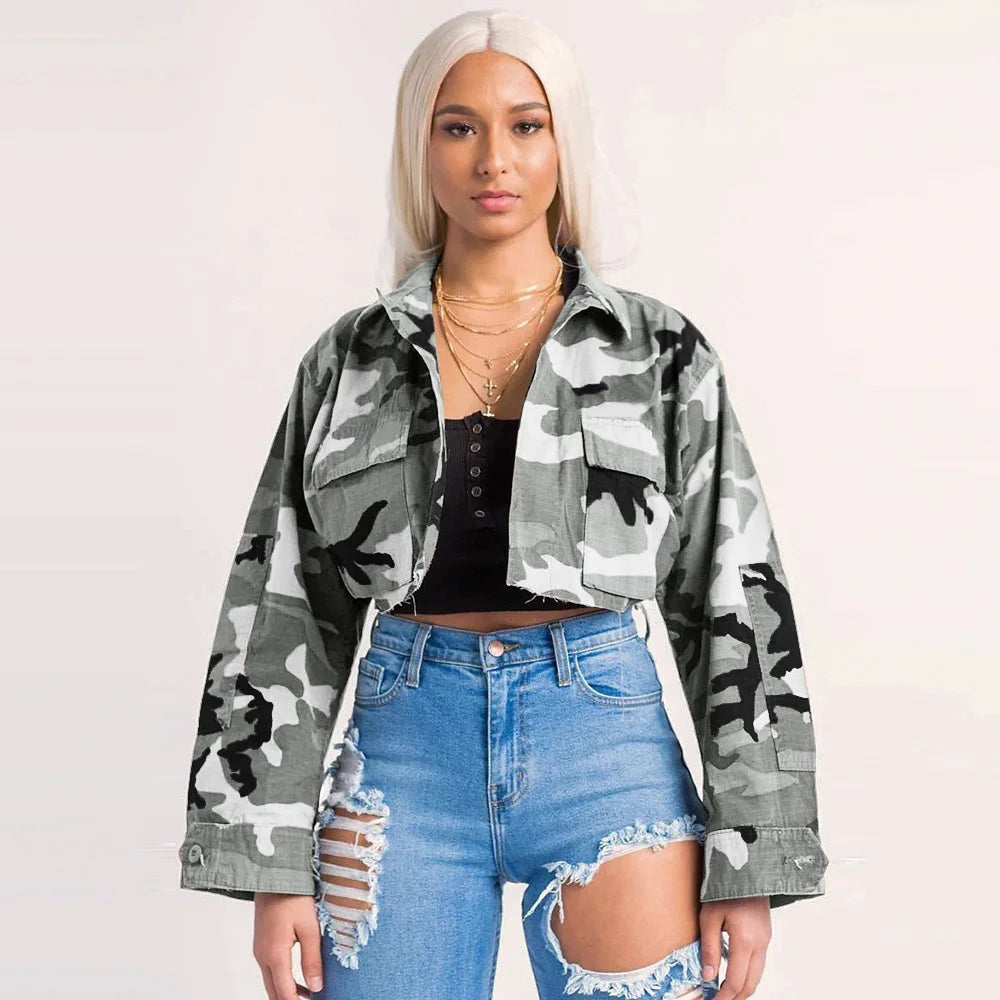 Camouflage Print Pocket Lapel Long Sleeve Short Jacket