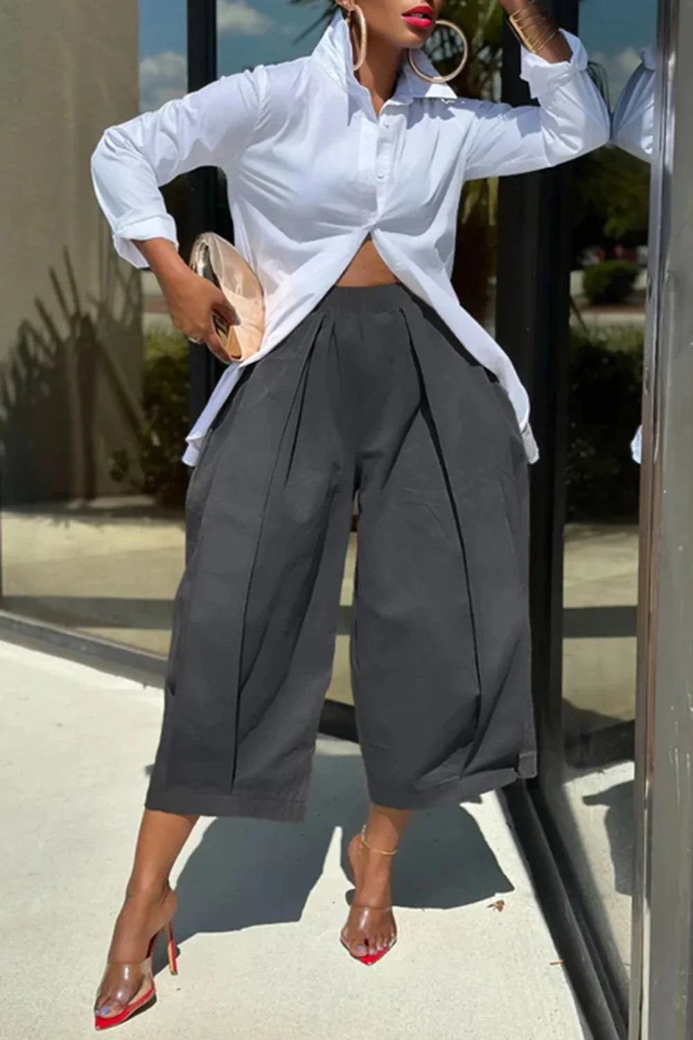 Khaki Capri Wide Leg Trousers