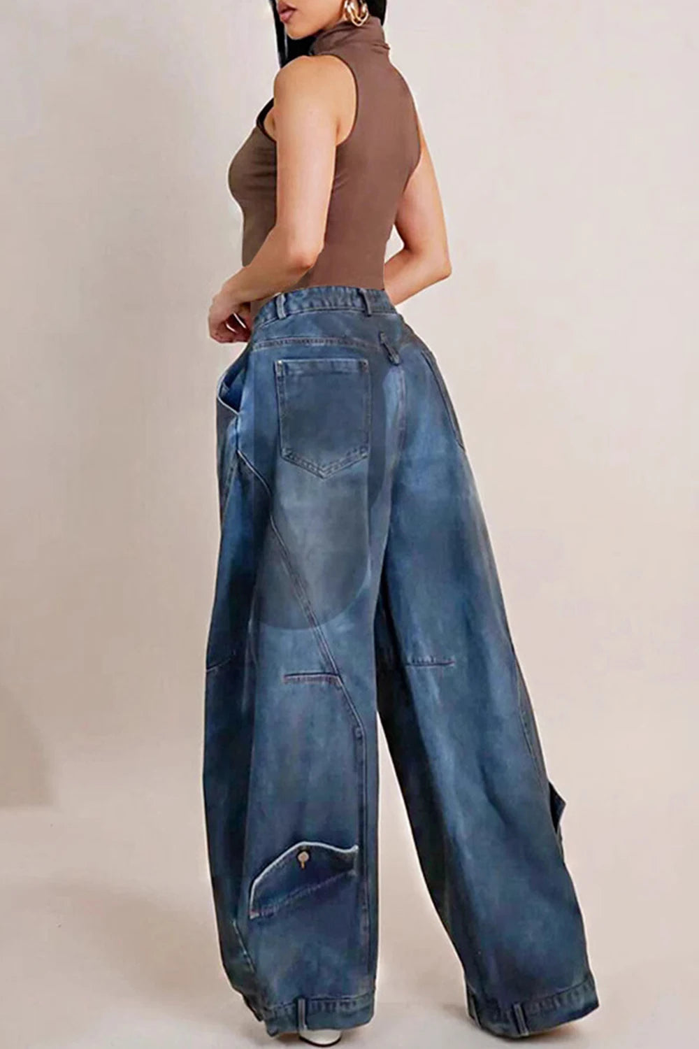 Loose Denim Asymmetric Jeans -Pocket Washed