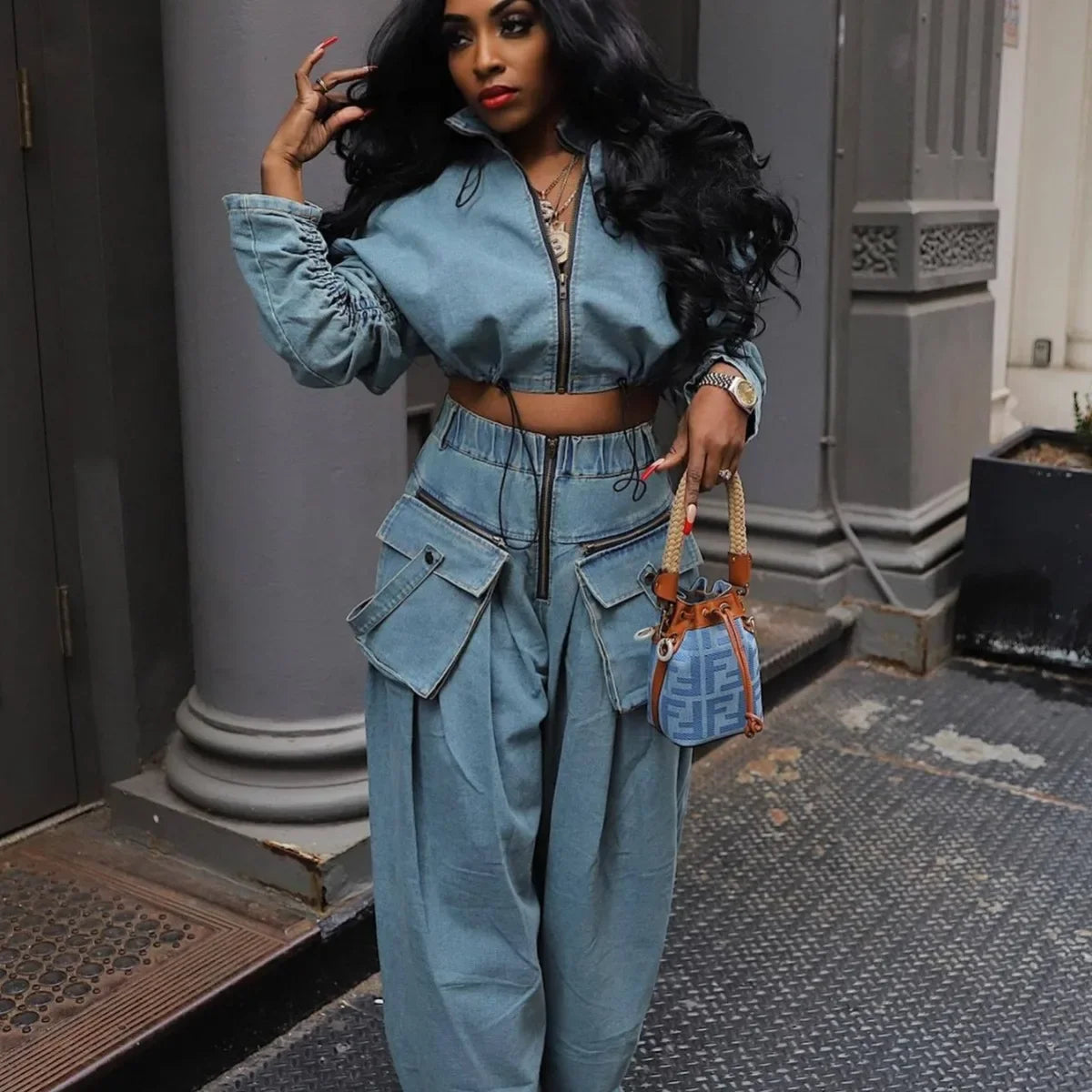 Denim Two Piece Wide Leg Set