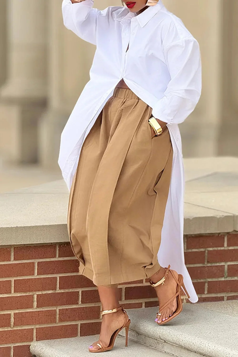 Khaki Capri Wide Leg Trousers