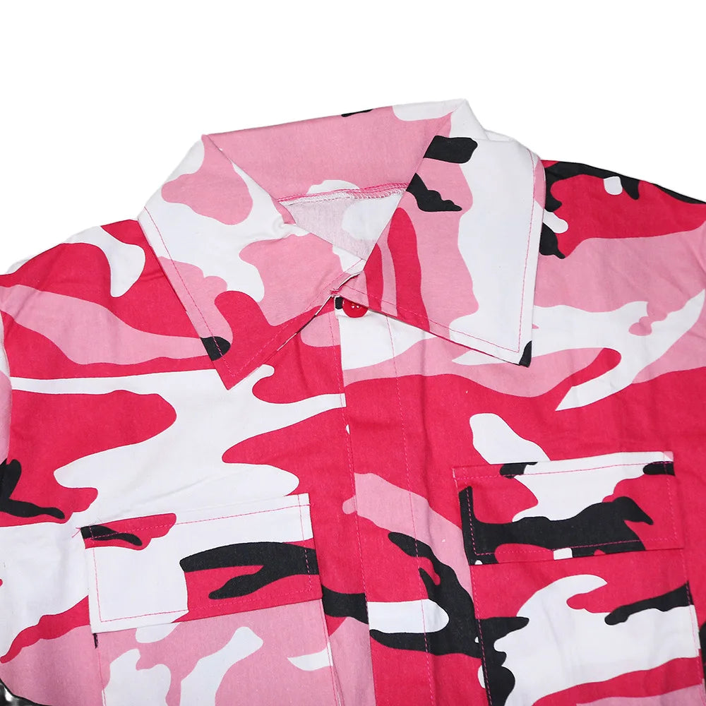 Camouflage Print Pocket Lapel Long Sleeve Short Jacket