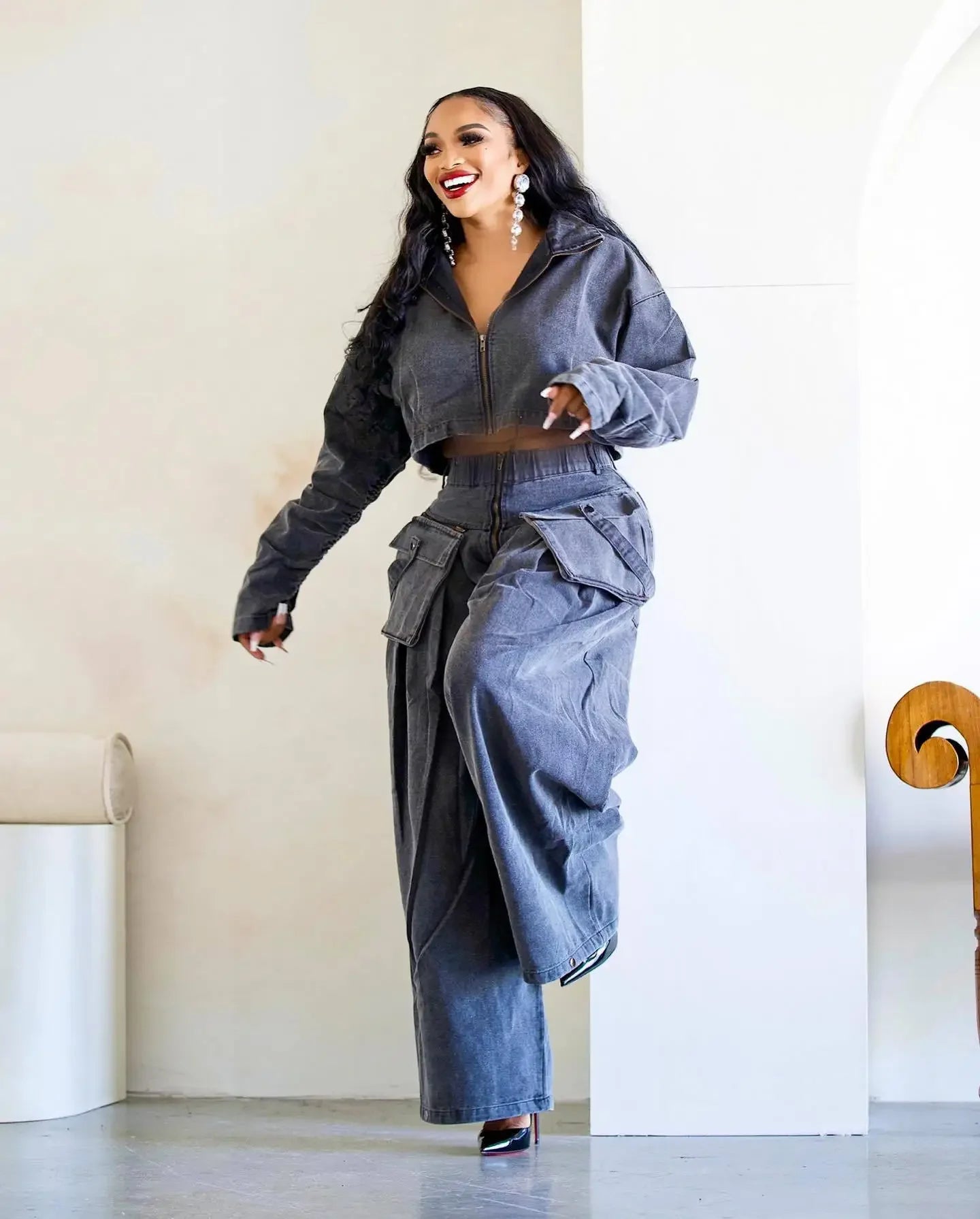 Denim Two Piece Wide Leg Set