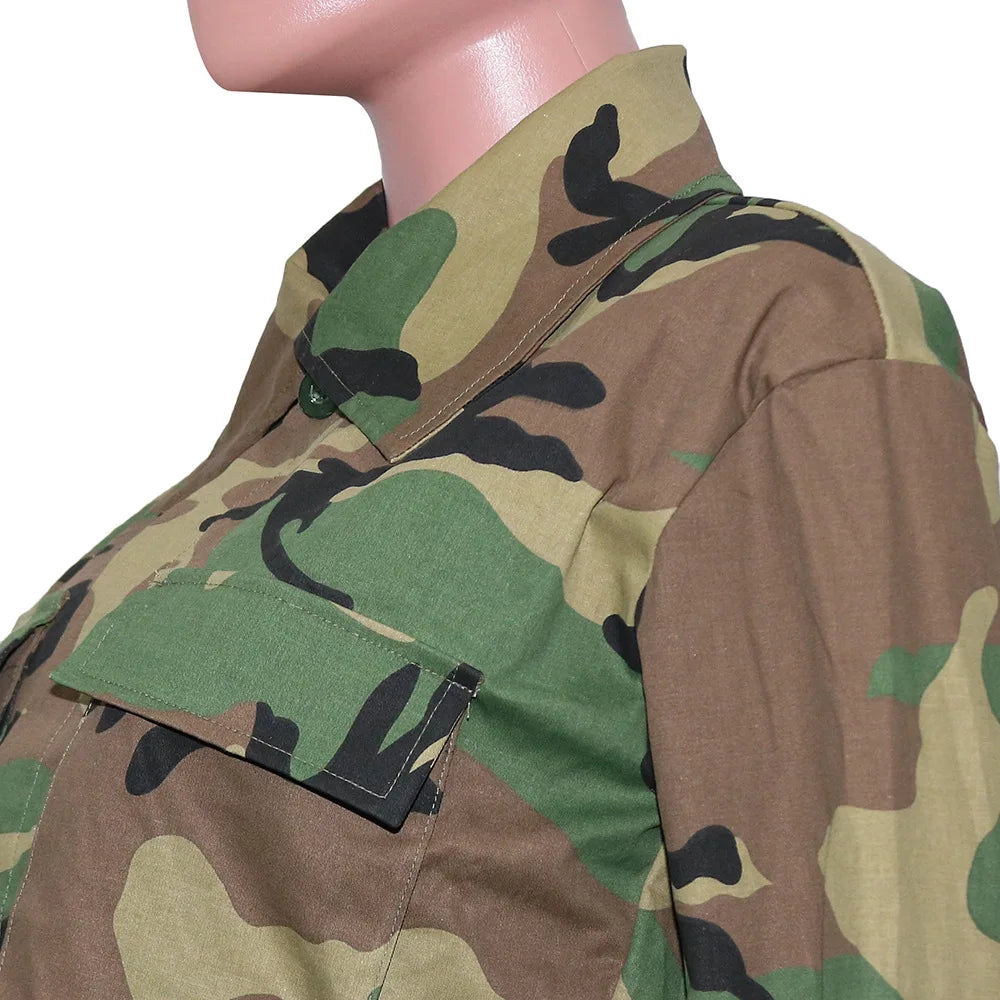 Camouflage Print Pocket Lapel Long Sleeve Short Jacket