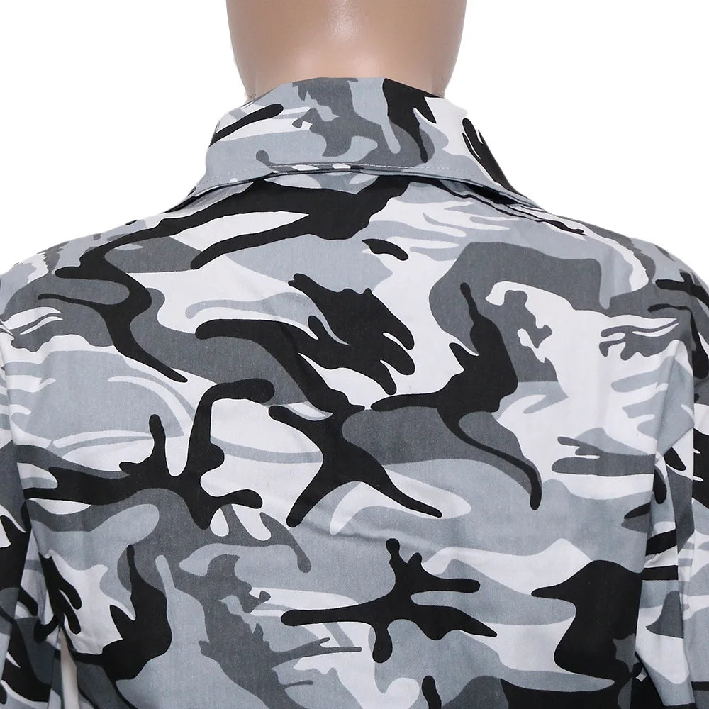 Camouflage Print Pocket Lapel Long Sleeve Short Jacket