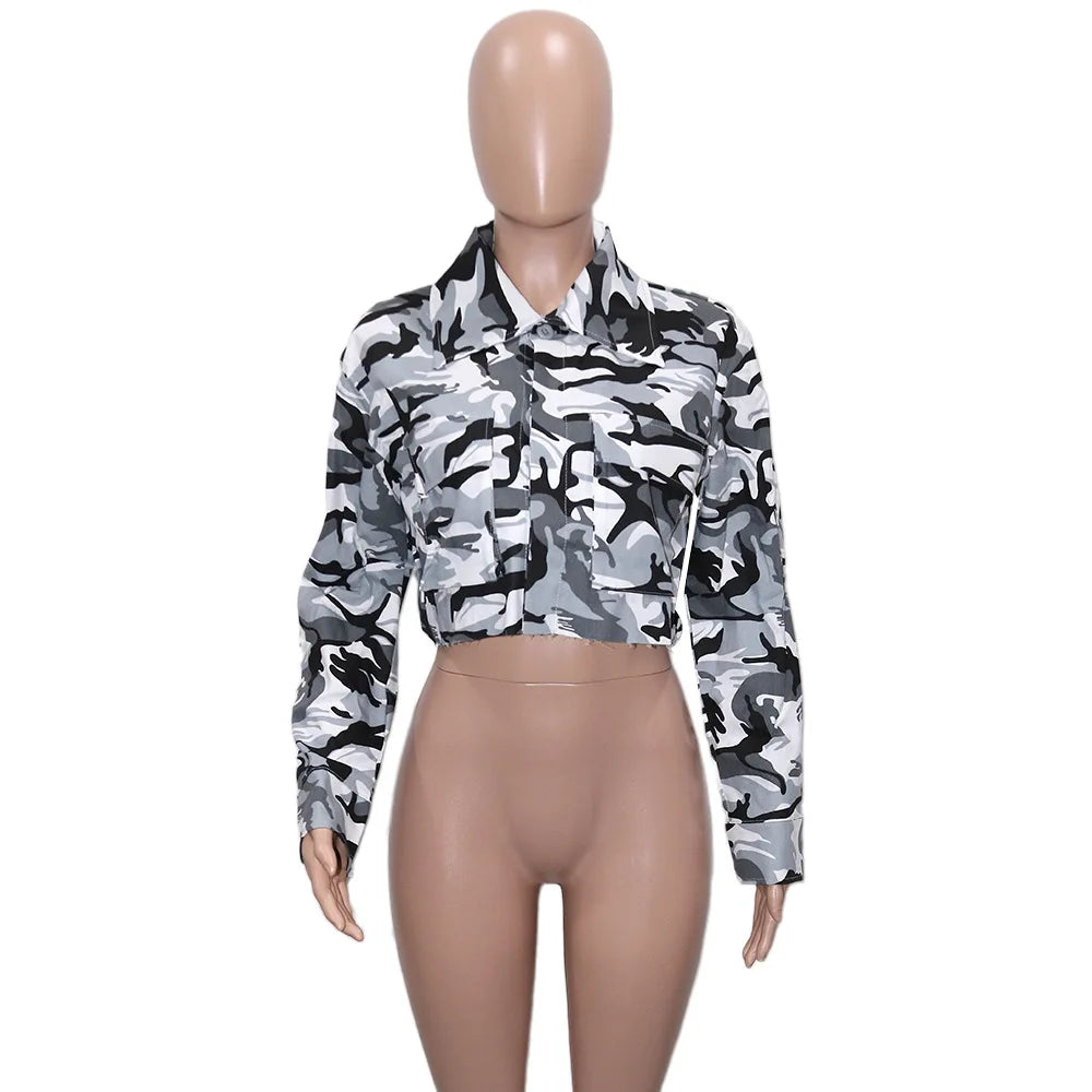 Camouflage Print Pocket Lapel Long Sleeve Short Jacket