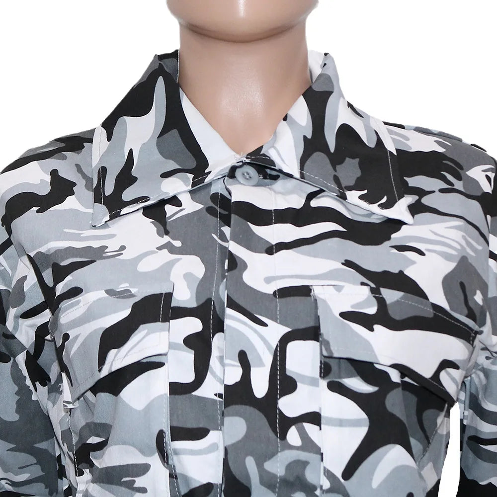 Camouflage Print Pocket Lapel Long Sleeve Short Jacket