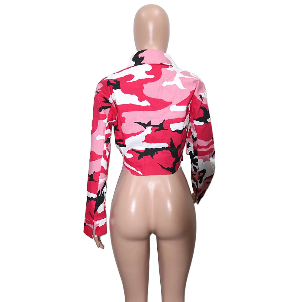 Camouflage Print Pocket Lapel Long Sleeve Short Jacket