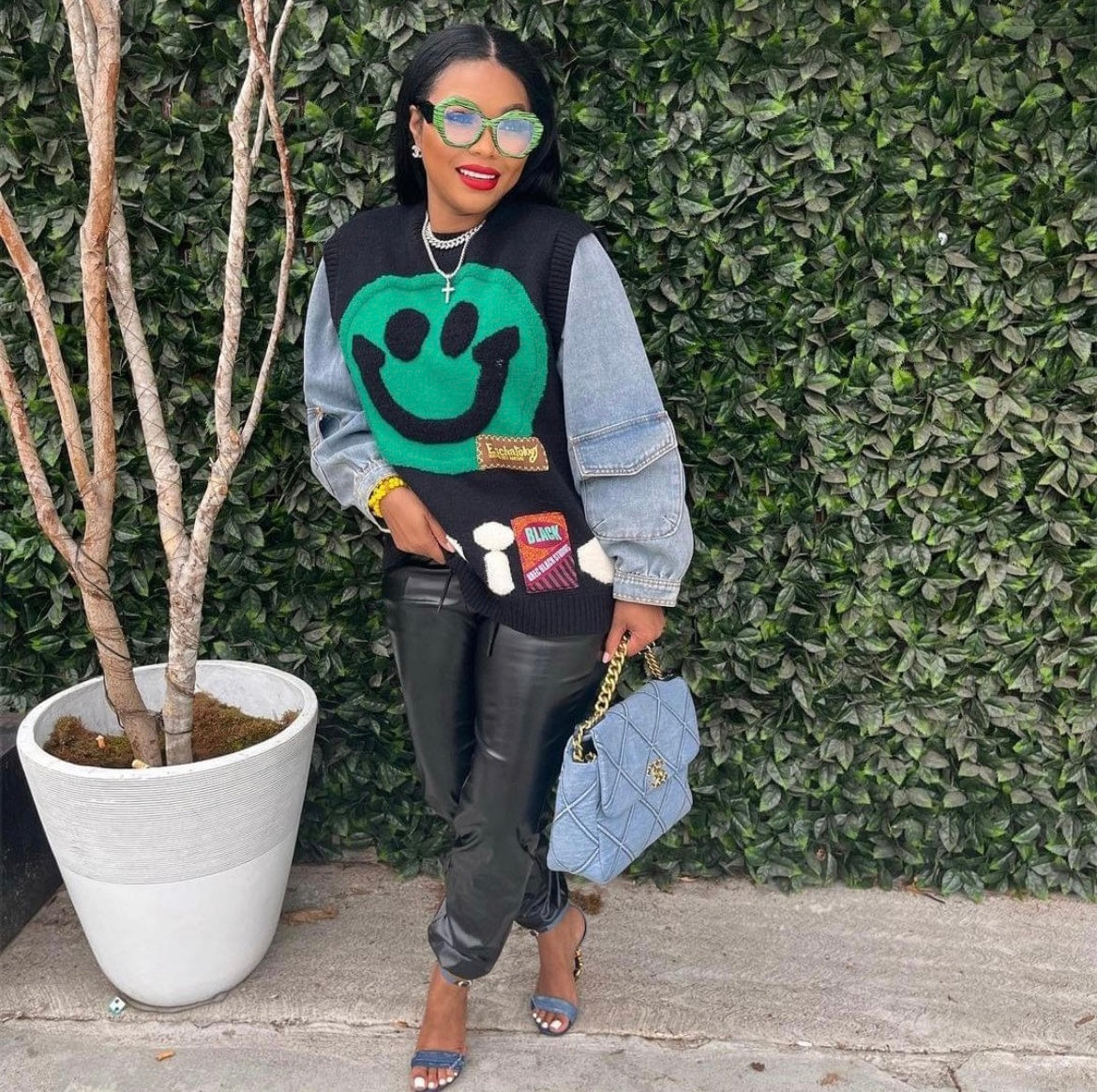 Cartoon Denim and Knit Pullover Sweater