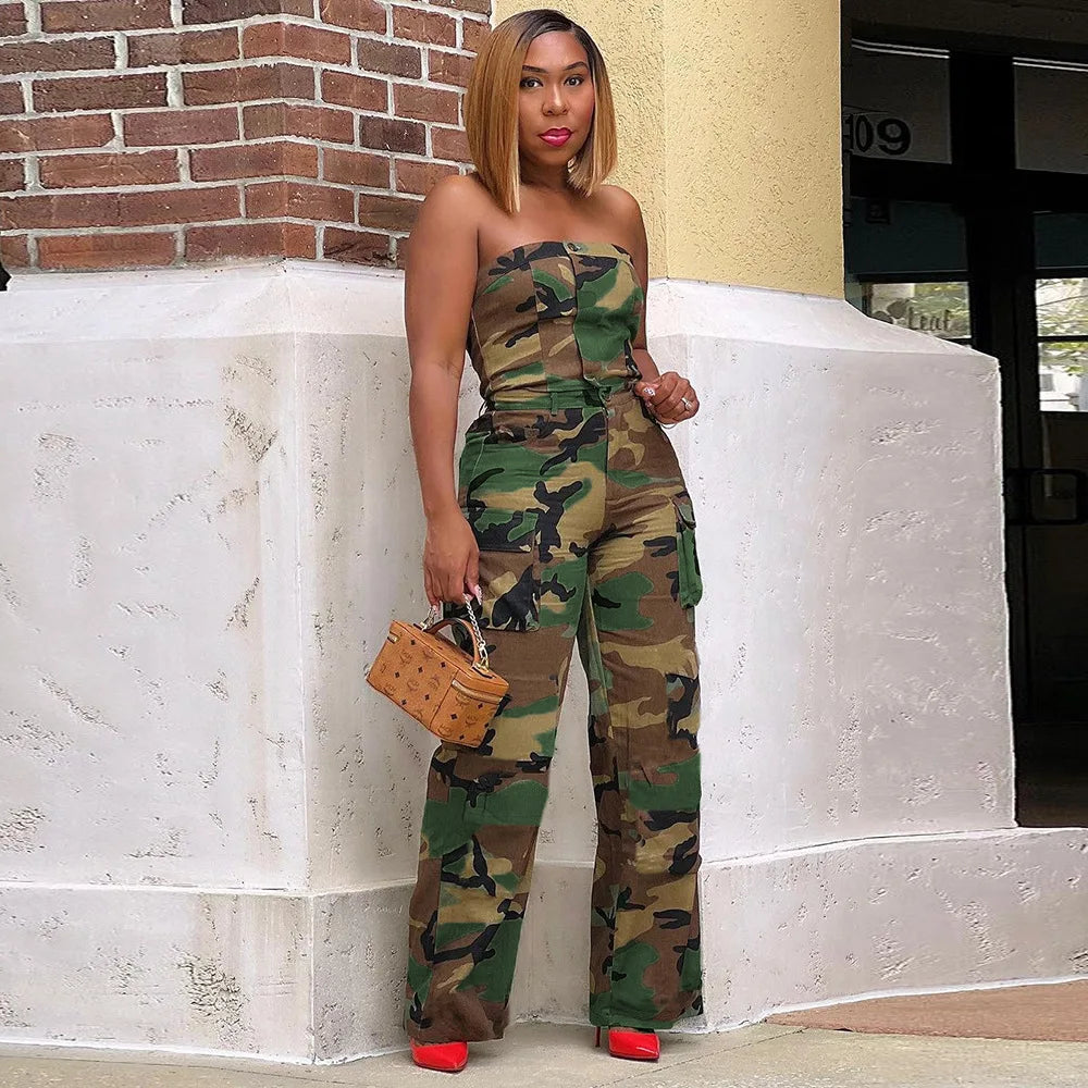 Camouflage  Strapless Crop Top Two Piece Pants Set