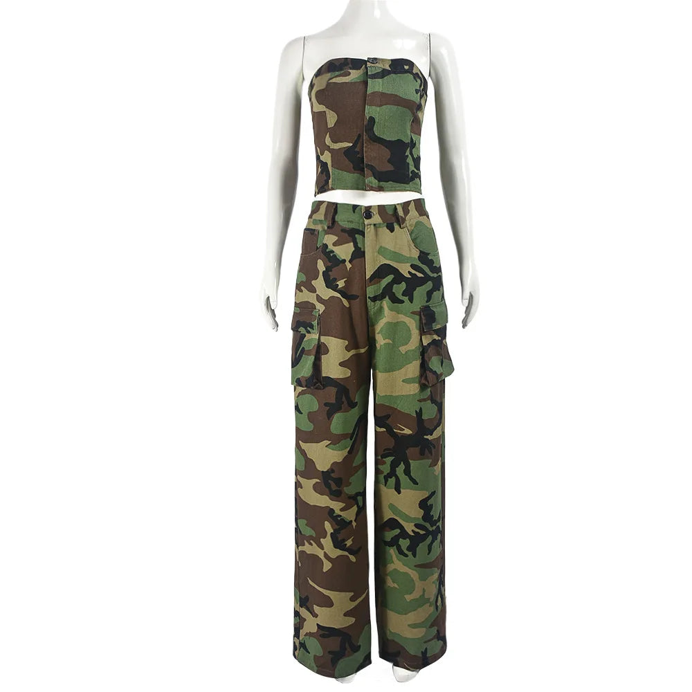 Camouflage  Strapless Crop Top Two Piece Pants Set