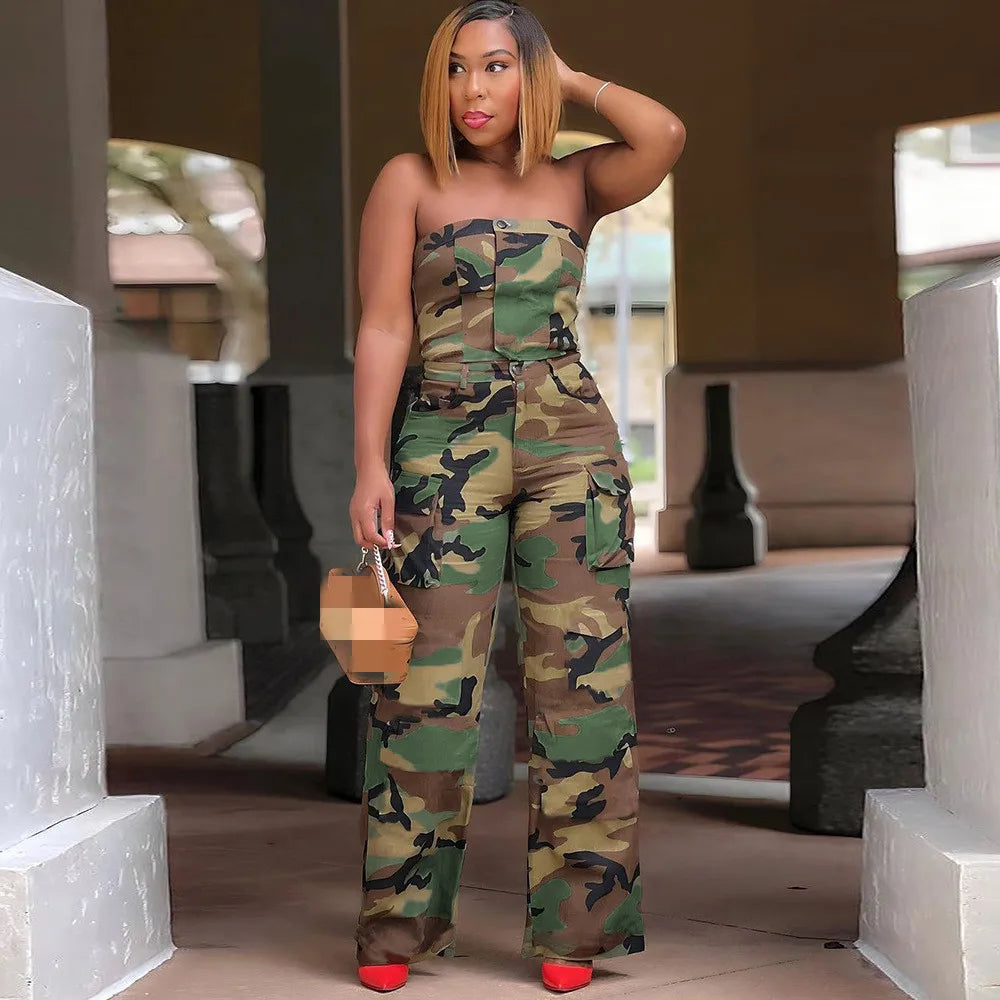 Camouflage  Strapless Crop Top Two Piece Pants Set