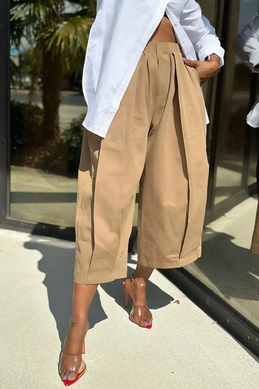 Khaki Capri Wide Leg Trousers