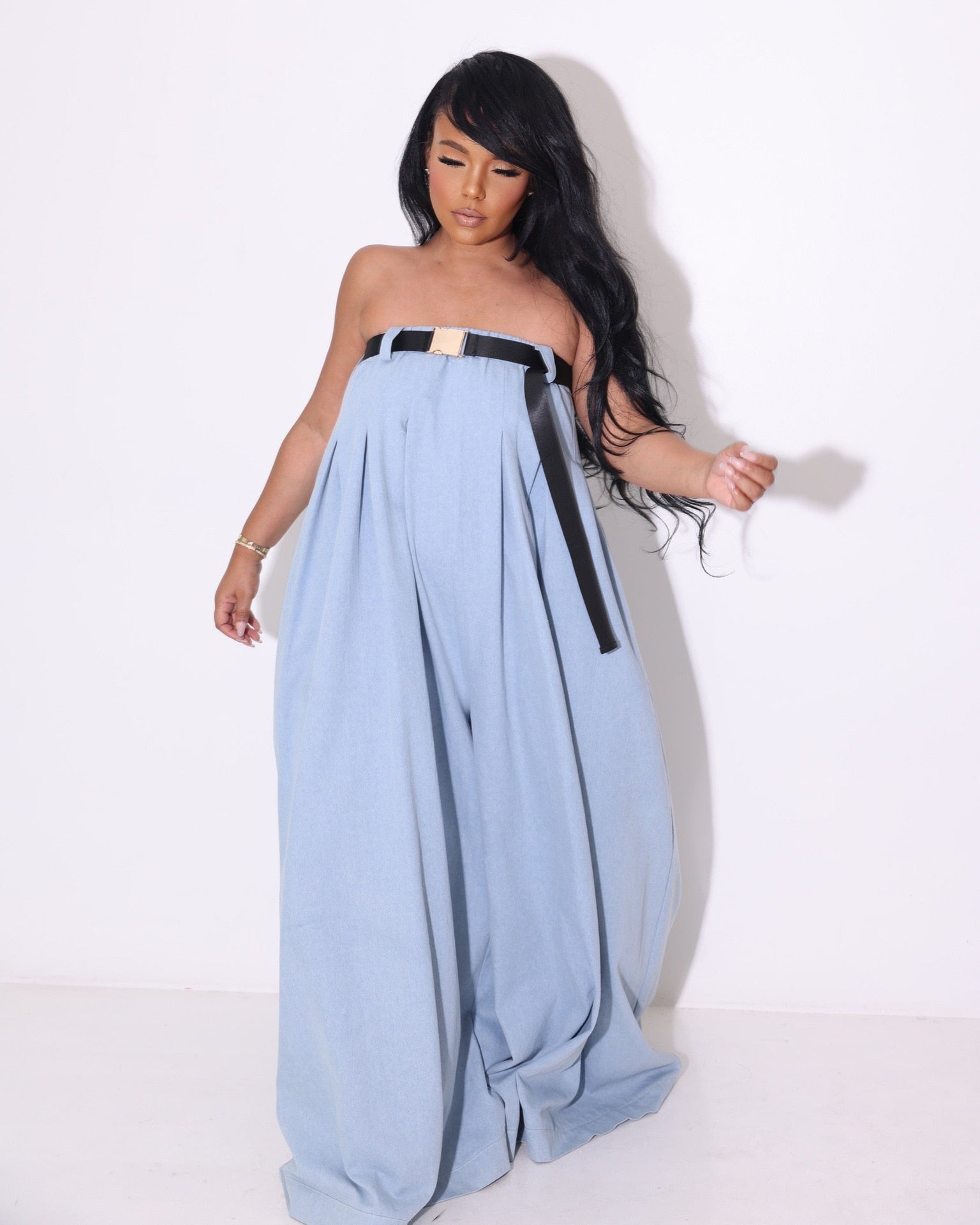 Straight Wide Leg Jumpsuit (Strapless with Belt)