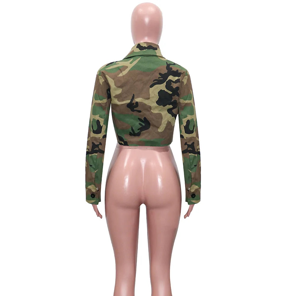 Camouflage Print Pocket Lapel Long Sleeve Short Jacket