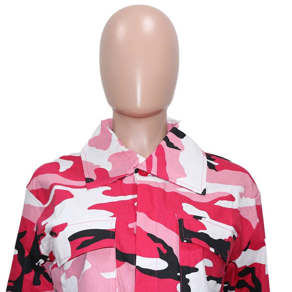 Camouflage Print Pocket Lapel Long Sleeve Short Jacket