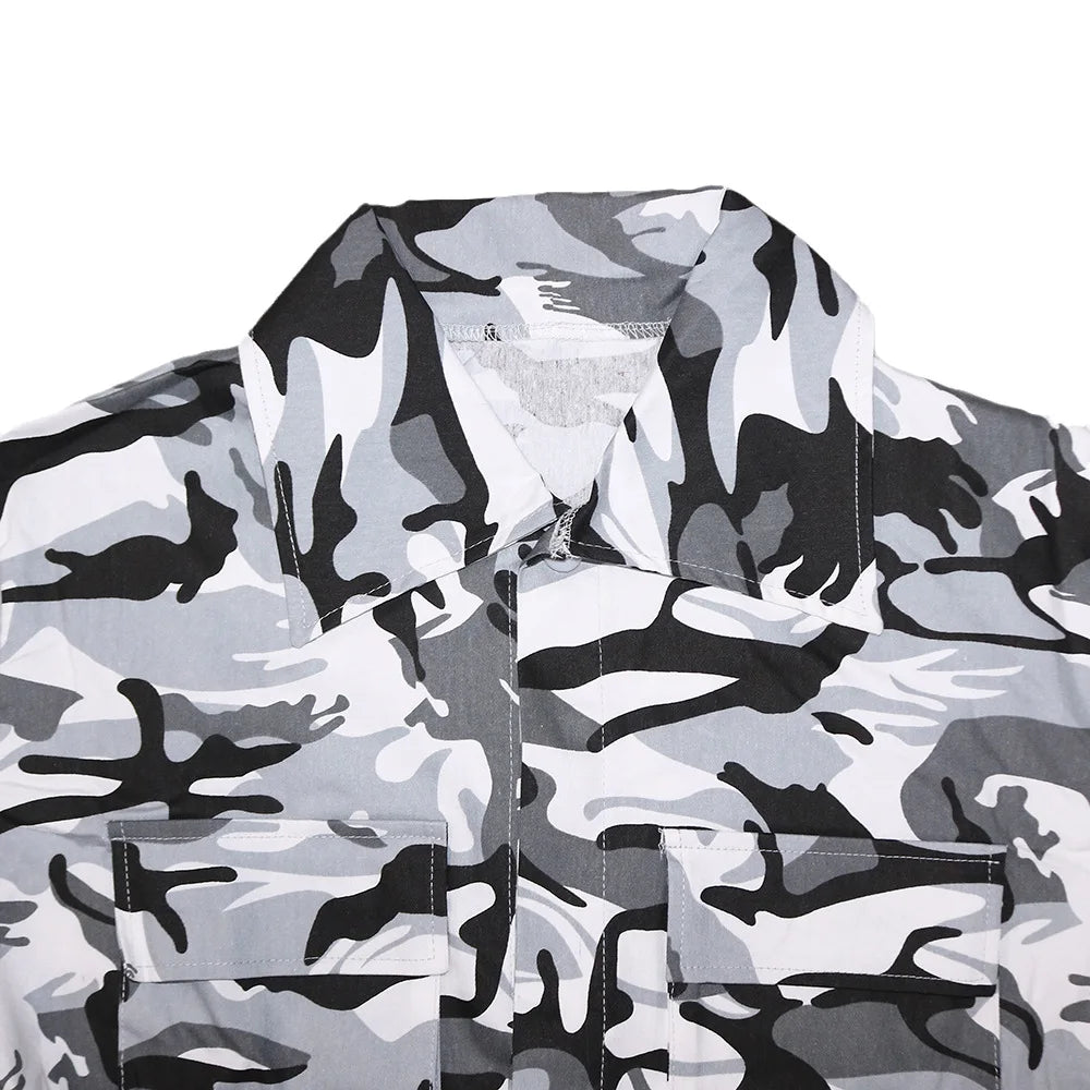 Camouflage Print Pocket Lapel Long Sleeve Short Jacket