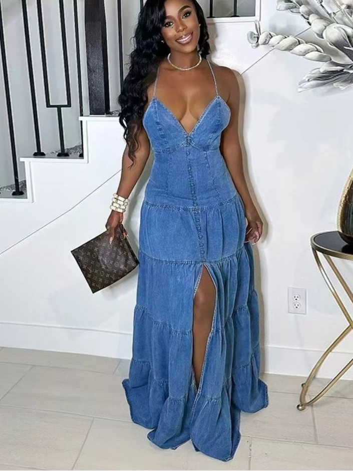 Sleeveless V-Neck Denim Long Dress