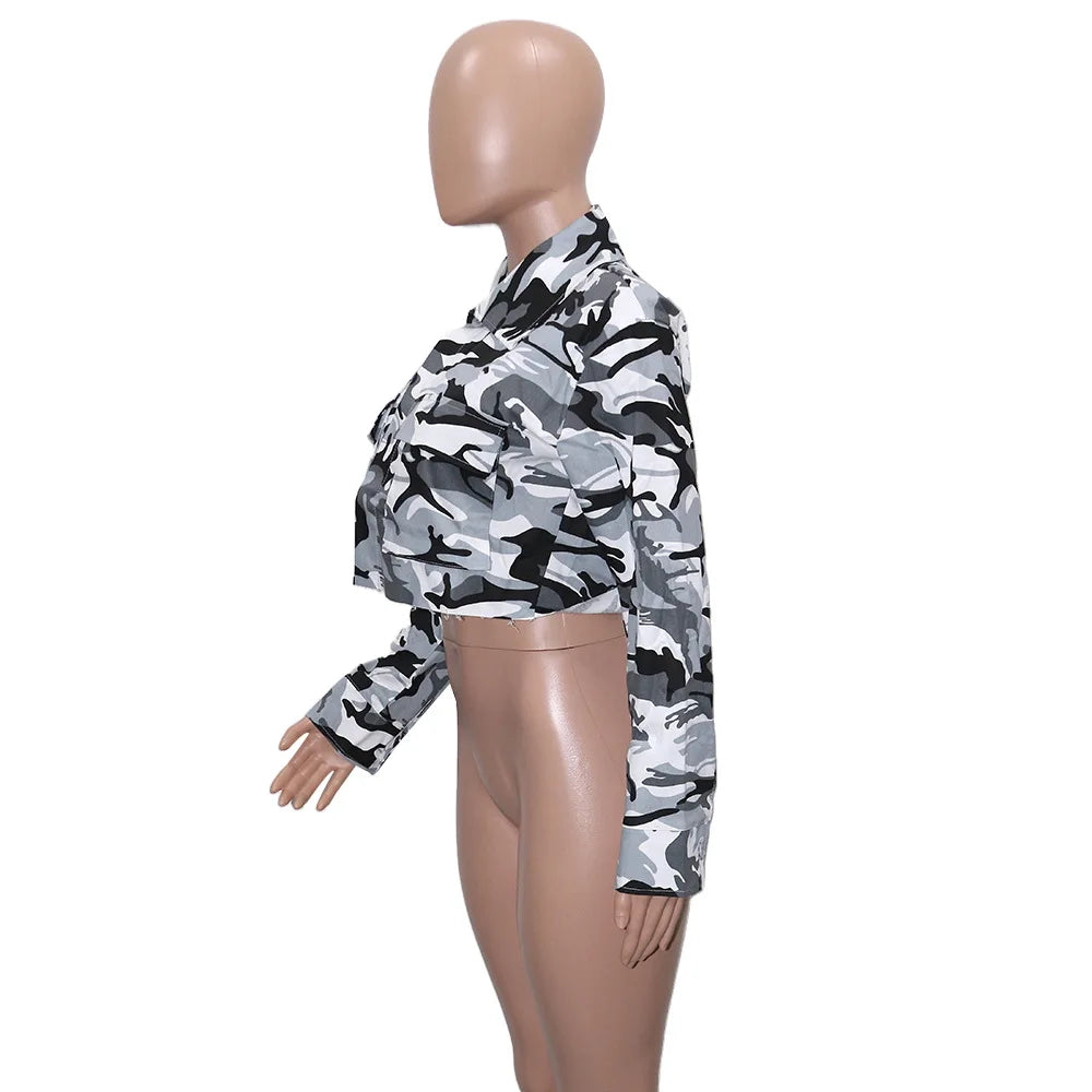 Camouflage Print Pocket Lapel Long Sleeve Short Jacket