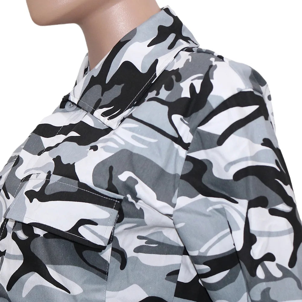 Camouflage Print Pocket Lapel Long Sleeve Short Jacket