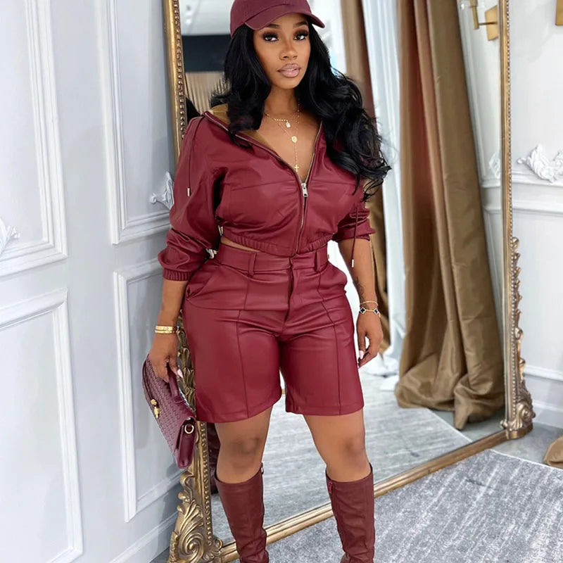 Faux Leather Two Piece Motorcycle Hooded Cropped Set