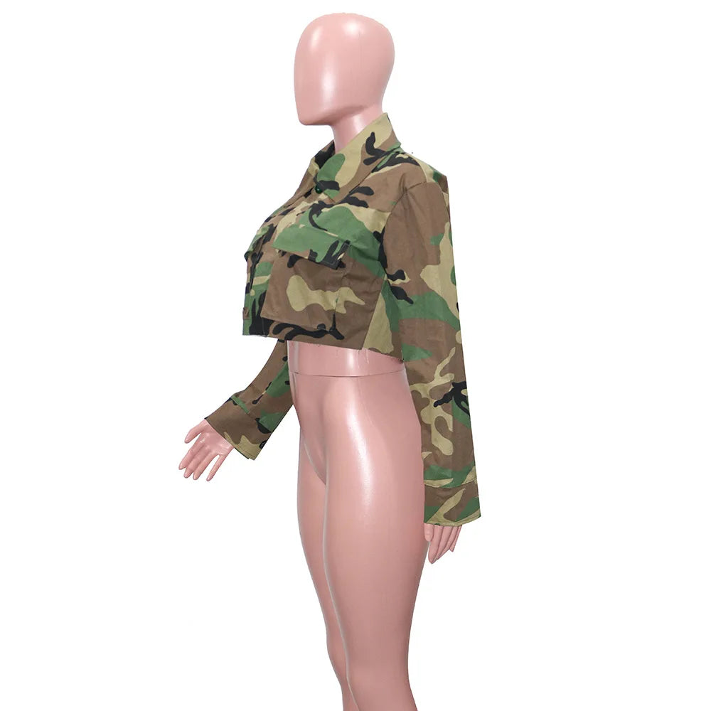 Camouflage Print Pocket Lapel Long Sleeve Short Jacket