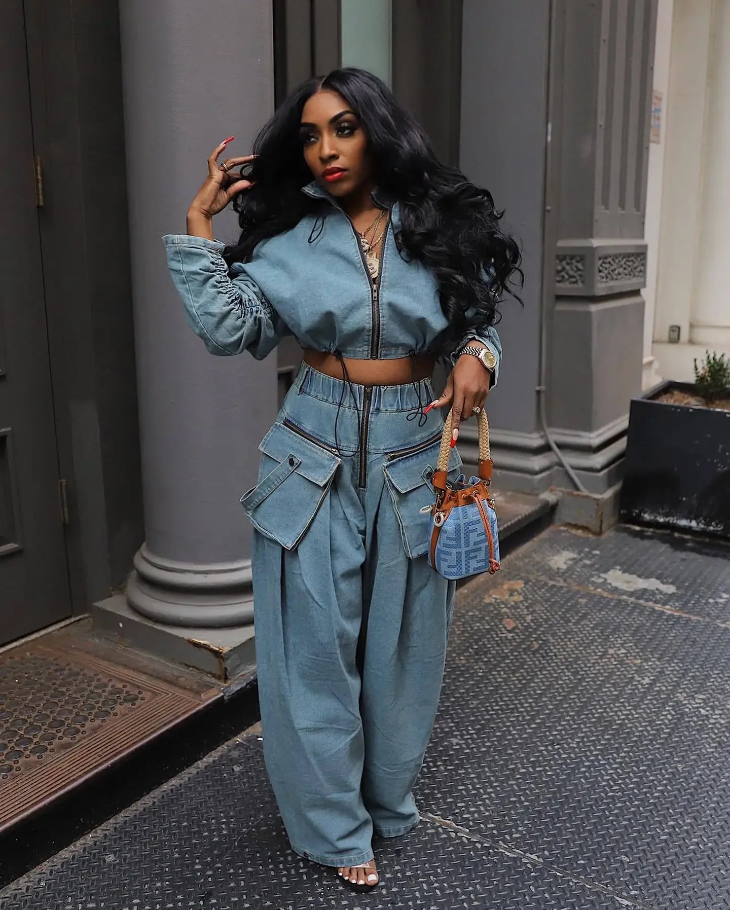 Denim Two Piece Wide Leg Set