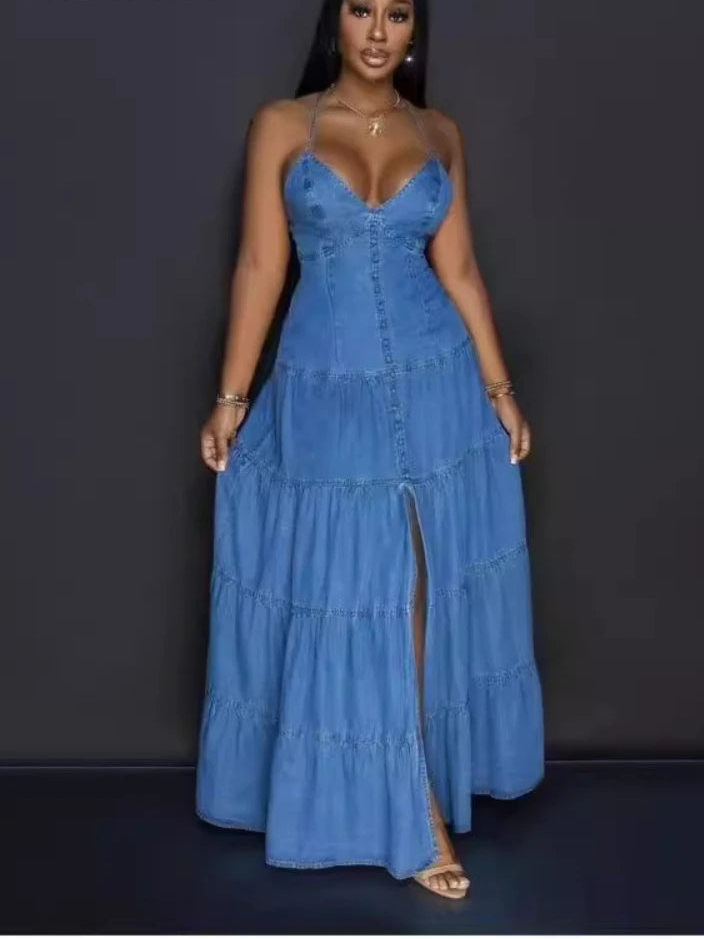 Sleeveless V-Neck Denim Long Dress