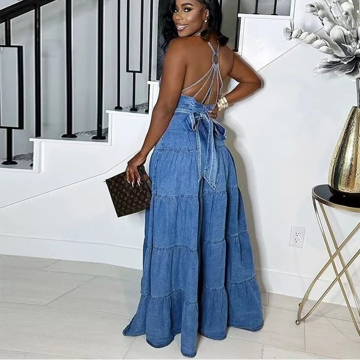 Sleeveless V-Neck Denim Long Dress