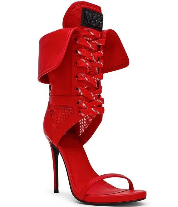 Red Patchwork Lace-Up Sandals