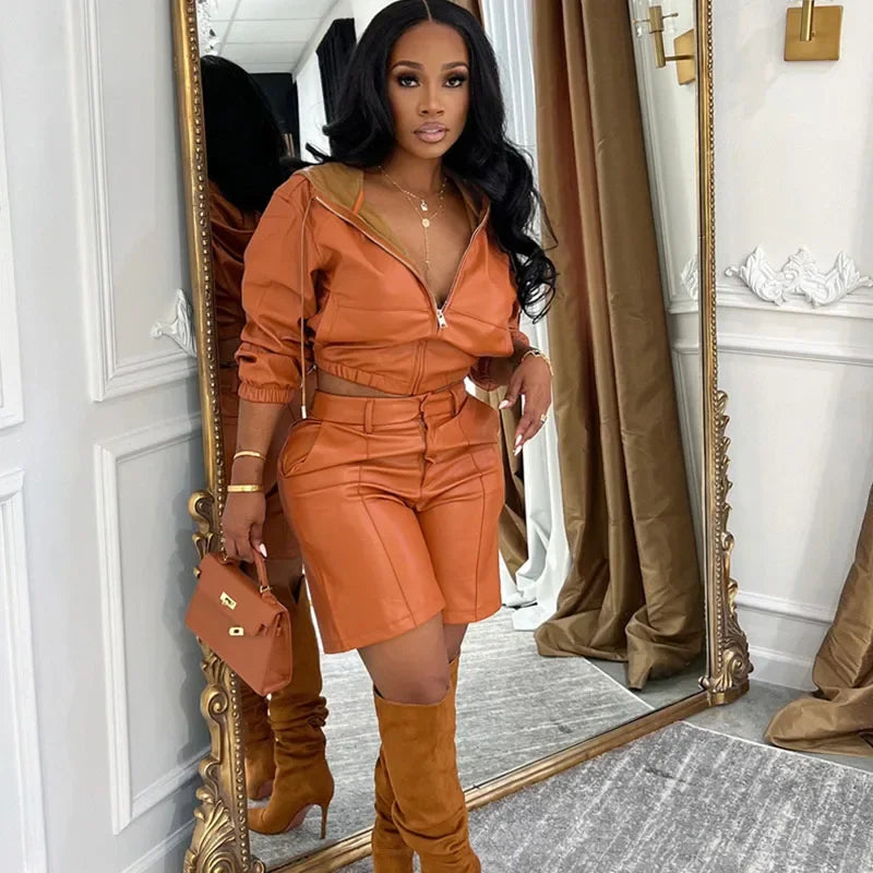 Faux Leather Two Piece Motorcycle Hooded Cropped Set