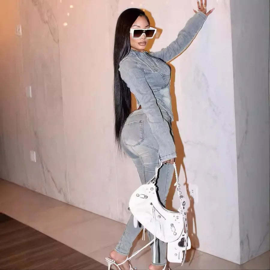 Denim on Denim -Matching High Waist Slim Fit Two Piece Set