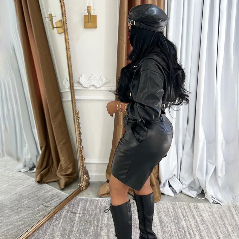 Faux Leather Two Piece Motorcycle Hooded Cropped Set