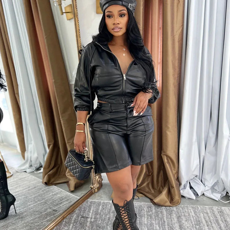 Faux Leather Two Piece Motorcycle Hooded Cropped Set