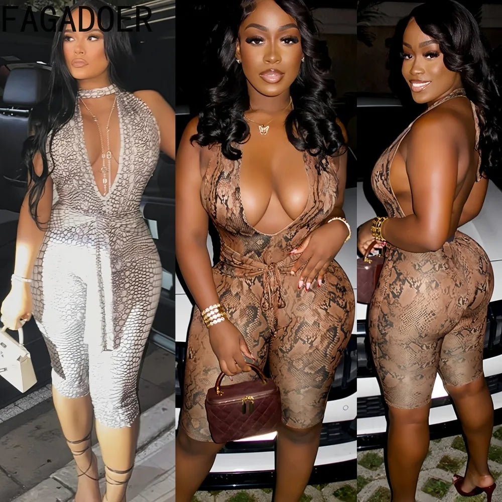 Sexy Python Print Patchwork Body-Con Jumpsuits