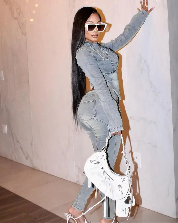 Denim on Denim -Matching High Waist Slim Fit Two Piece Set