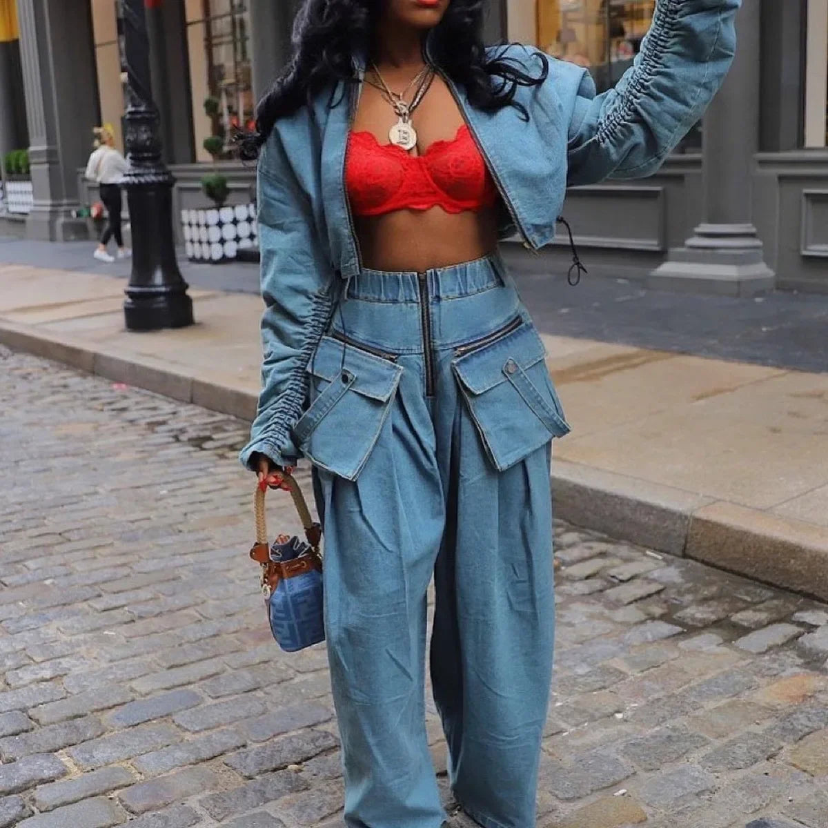 Denim Two Piece Wide Leg Set