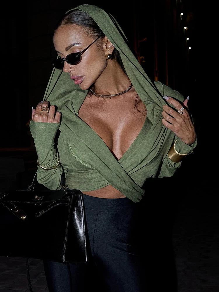 Sexy Hooded Ruched Cross V-Neck Shirt