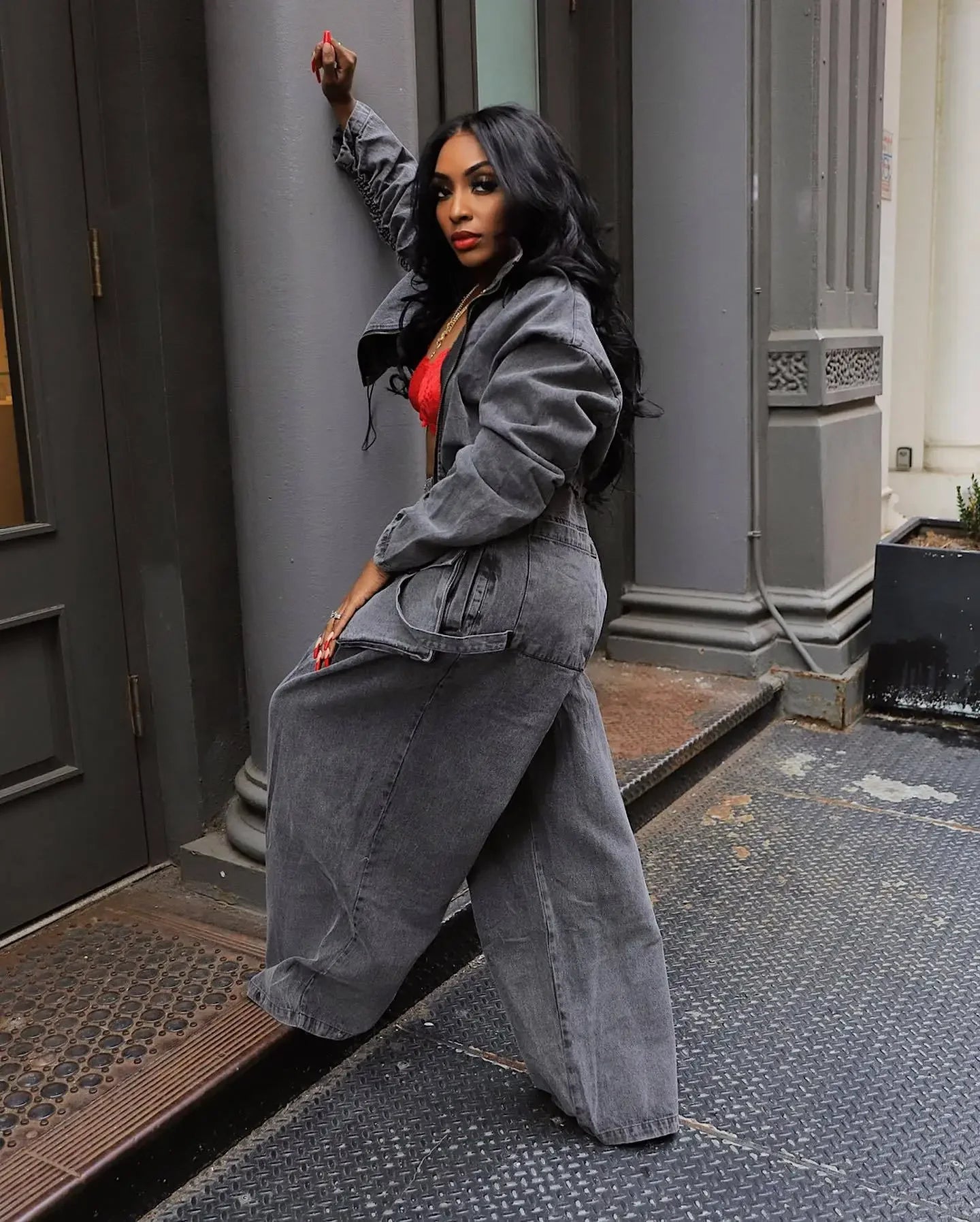 Denim Two Piece Wide Leg Set