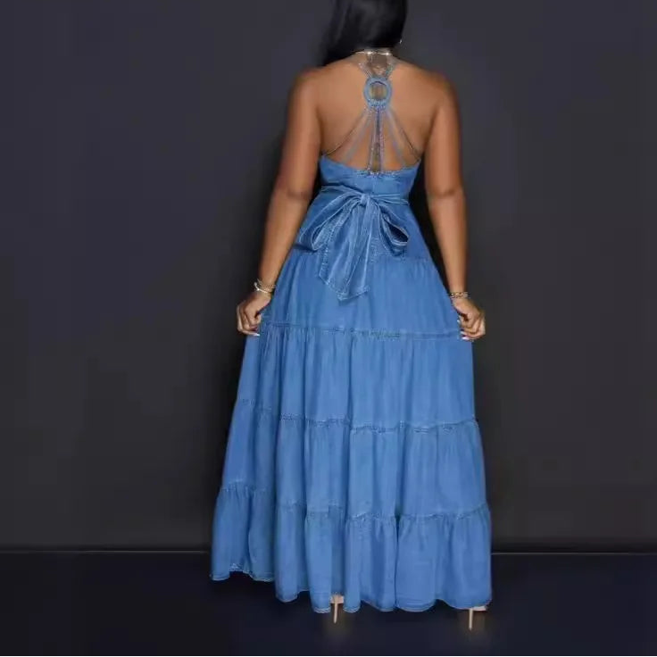 Sleeveless V-Neck Denim Long Dress