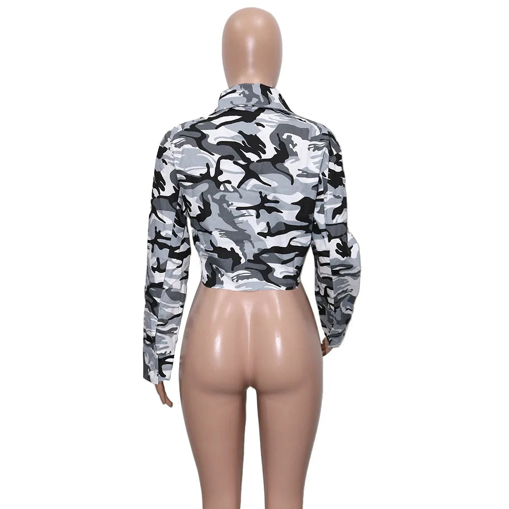 Camouflage Print Pocket Lapel Long Sleeve Short Jacket
