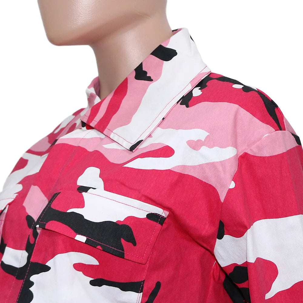 Camouflage Print Pocket Lapel Long Sleeve Short Jacket
