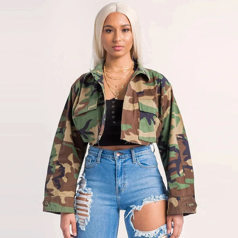 Camouflage Print Pocket Lapel Long Sleeve Short Jacket