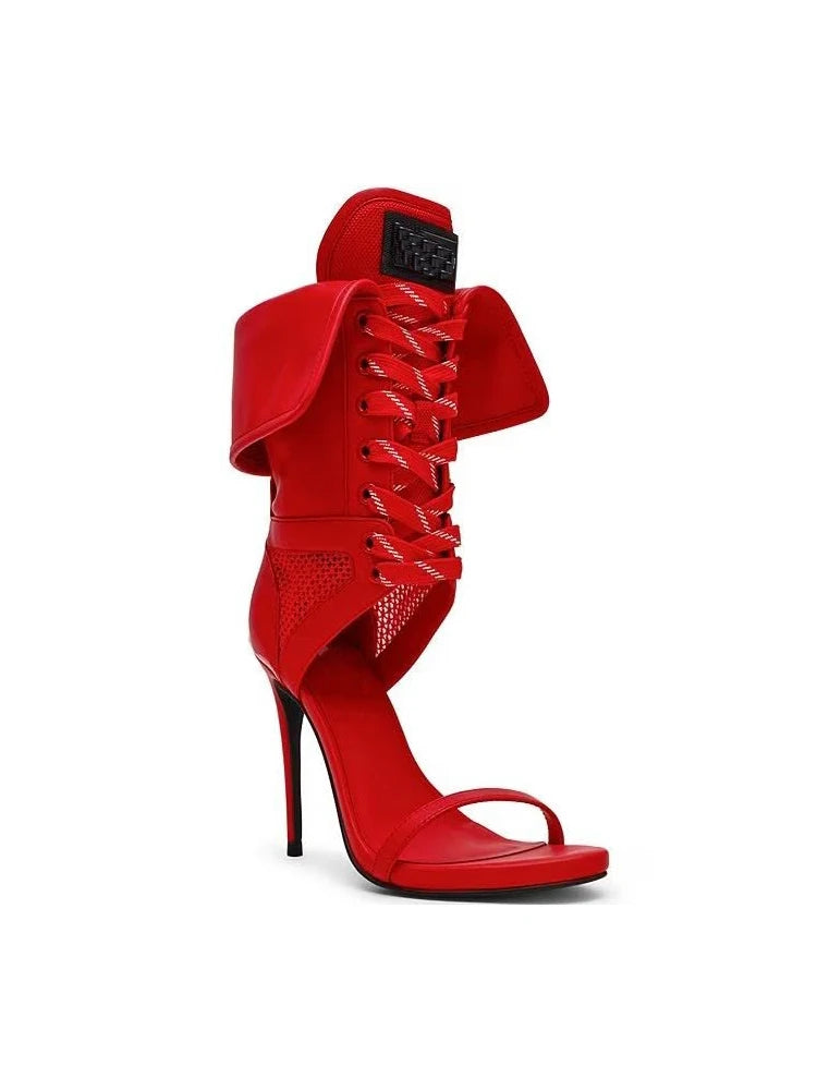 Red Patchwork Lace-Up Sandals