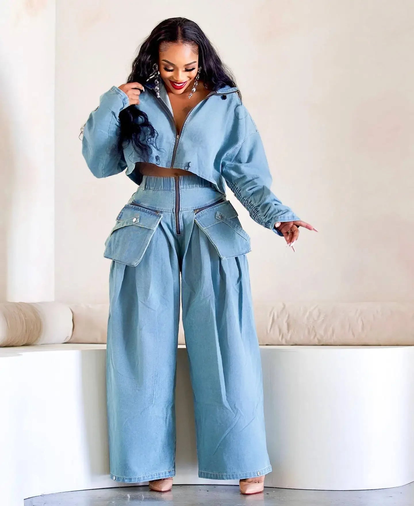 Denim Two Piece Wide Leg Set
