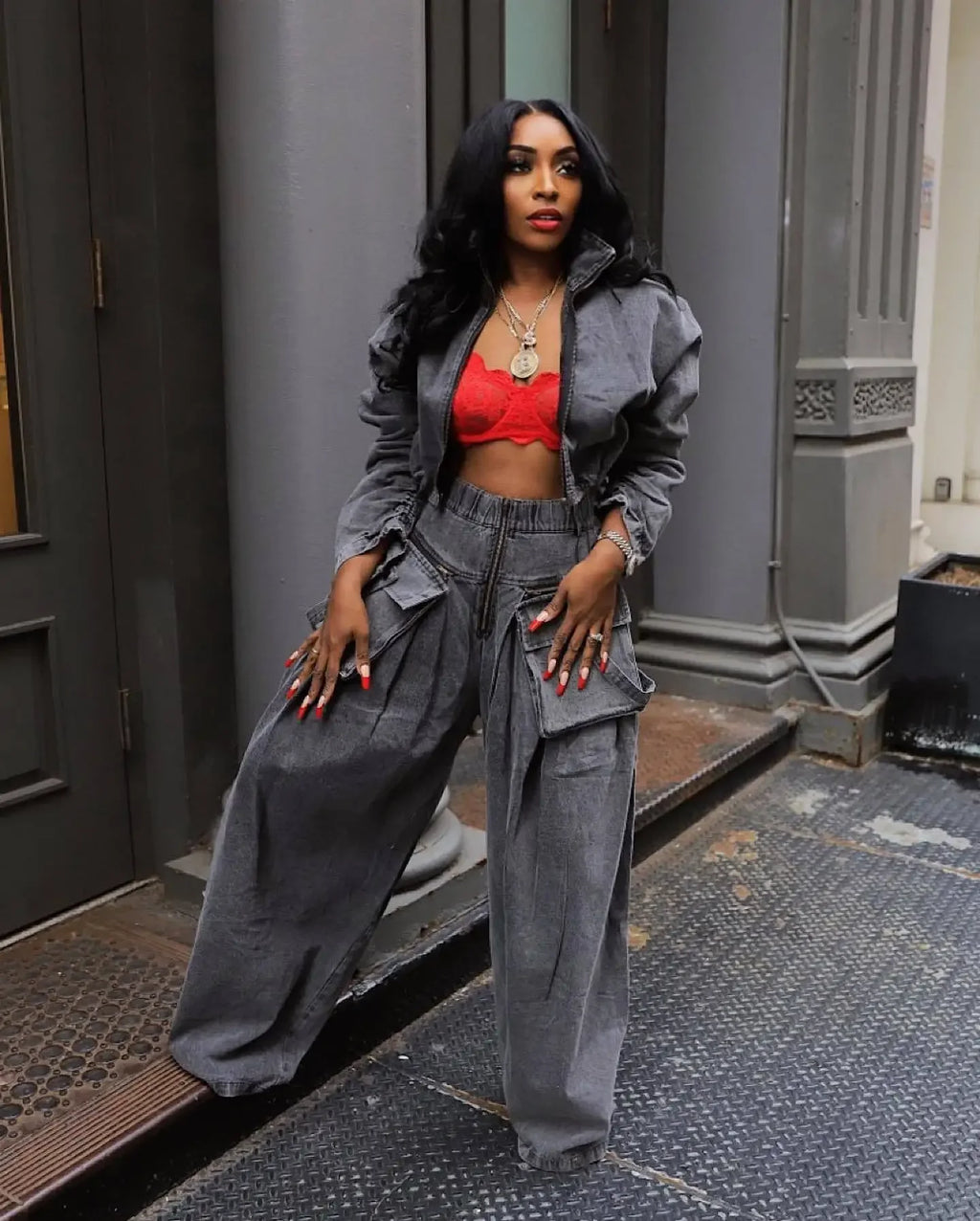 Denim Two Piece Wide Leg Set