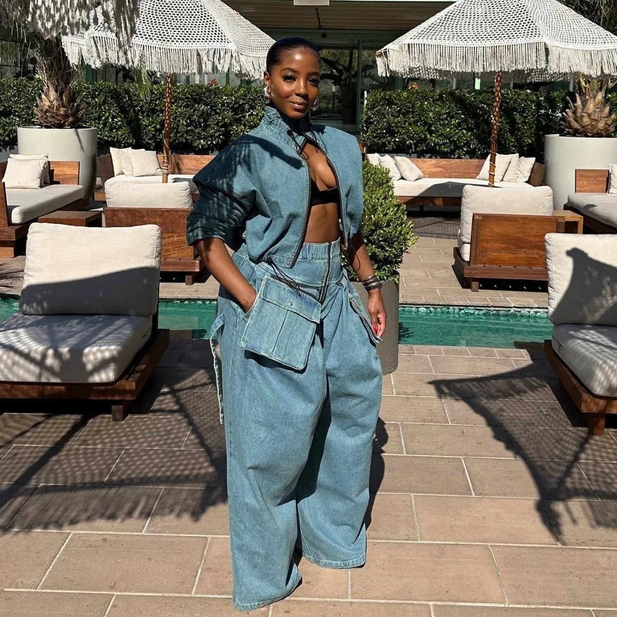 Denim Two Piece Wide Leg Set