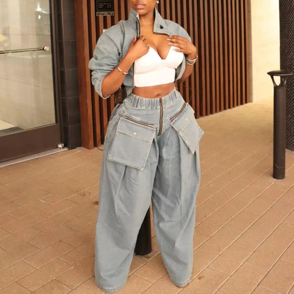 Denim Two Piece Wide Leg Set