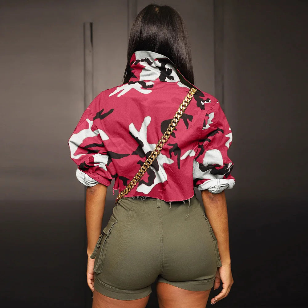 Camouflage Print Pocket Lapel Long Sleeve Short Jacket